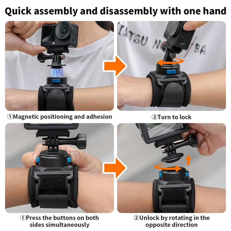 Magnetic Action Camera Wrist Mount, Quick Release Wrist Strap Holder for GoPro Hero 13/12/11/10, DJI Osmo Action 6/5Pro/4/3, Insta360 ONE R, AKASO, and More-t33