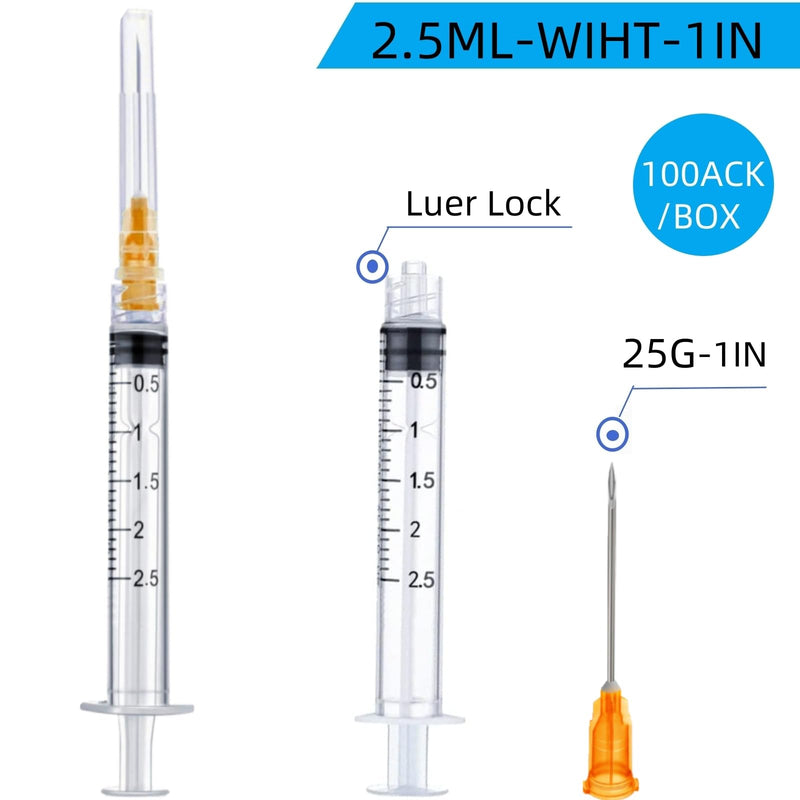 100 Pack Disposable 2.5ml/cc Lab Syringes with 25Ga 1 Inch Needle Luer Lock, Individually Sealed Packed 100 2.5ml 25ga-1inch