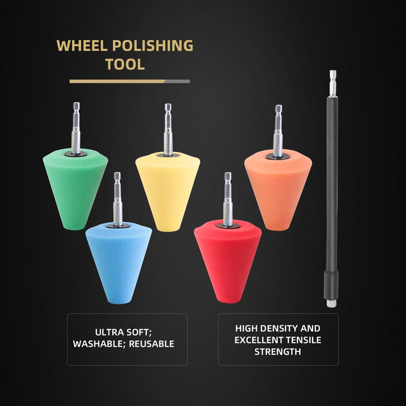 Polishing Cone, SPTA Car Wheel Hub Drill Buffing Sponge Pads Kit, Polishing Ball, 5 Pack Car Buffers and Polishers Kit for Drill, Attaches to Standard Household Drill