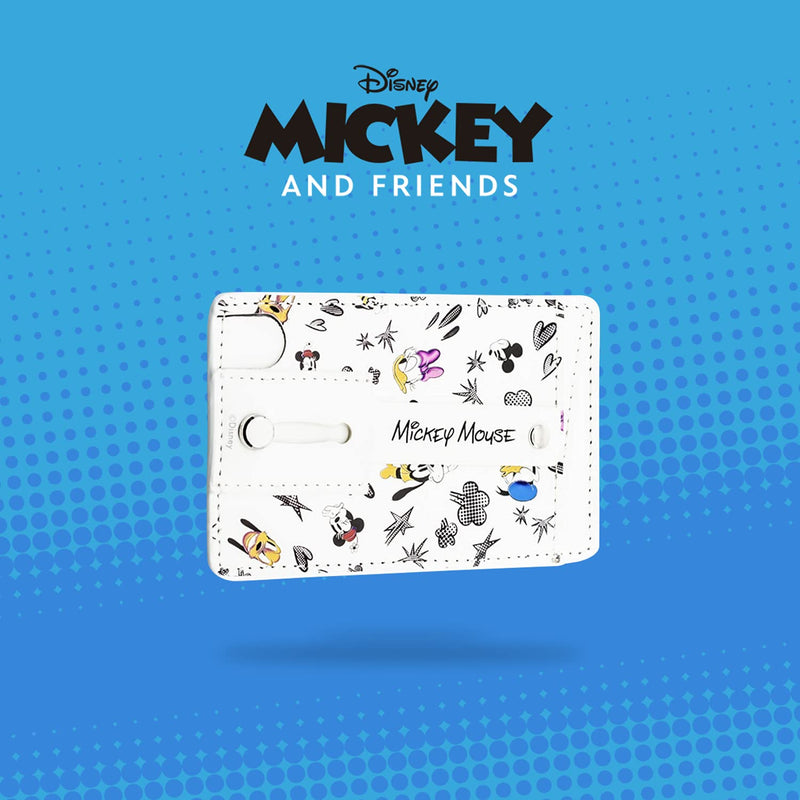 iJoy Disney Phone Wallet Stick On- Cell Phone Wallet Card Holder Stick On- Adhesive iPhone Holder Grip with Built in Finger Strap- Doubles as a Kick Stand for Your Phone (Mickey and Friends- White) Mickey and Friends ( White )