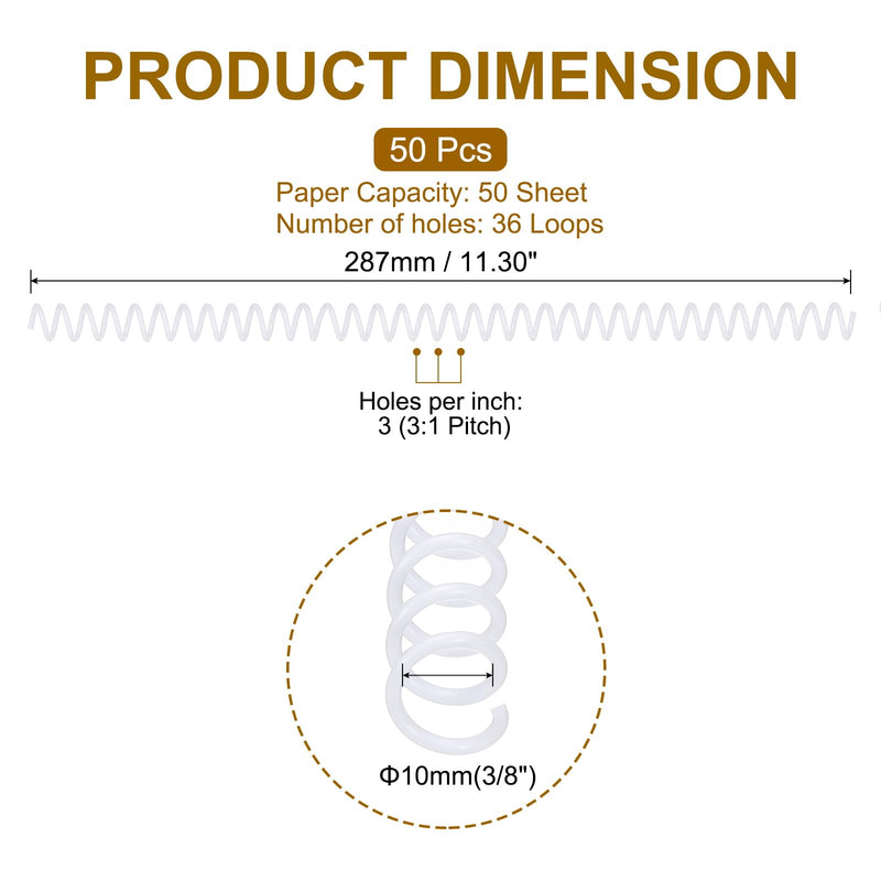 PATIKIL 50 Pack Plastic Spiral Binding Coils, 10mm(3/8") Binding Coils 50 Sheet Capacity Spiral Binder Rings 3:1 Pitch for Office Classroom, White