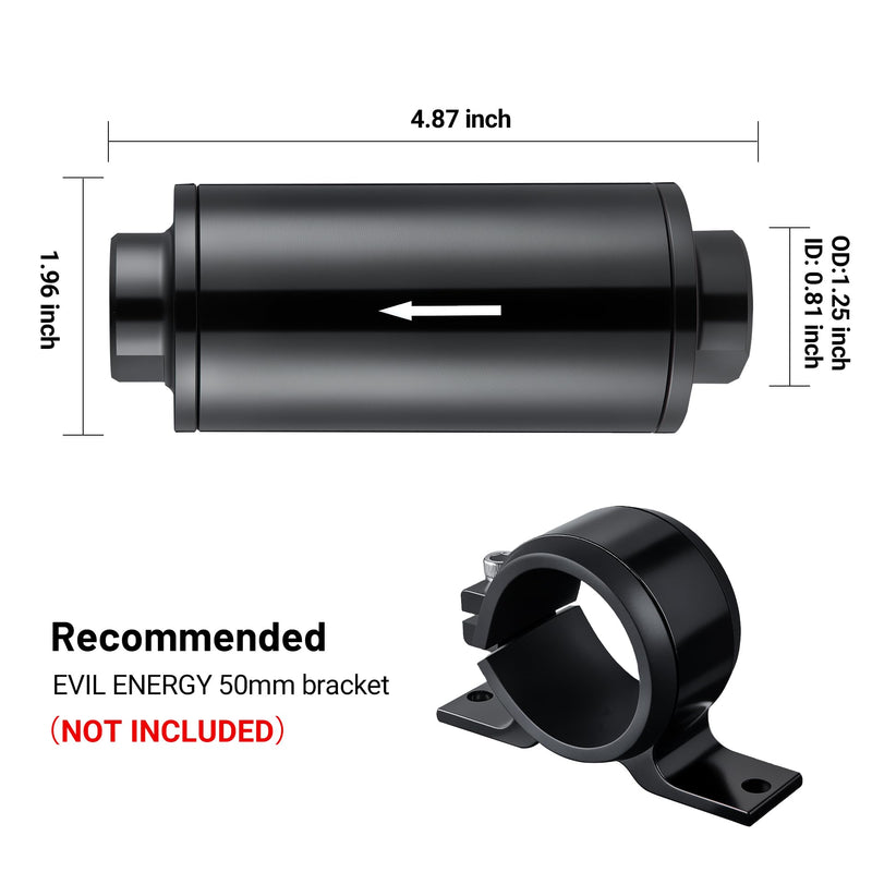 EVIL ENERGY Inline Fuel Filter 100 Micron with Barb 1/2", 3/8", 5/16" Fitting Adapter 50MM Universal Aluminum Black, for Gasoline, Diesel, Rubber Fuel Line, Car EFI & Carb Fuel Systems