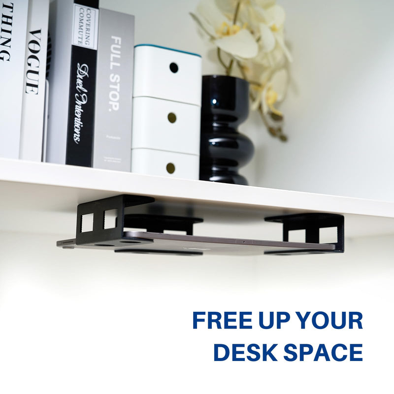 BYMECOST Under Desk Laptop Storage Mount, Metal Under Desk Device Holder, for Devices Up to 1.37" Thick, MacBook, Mini, Keyboard, Router, with Anti-Scratch Silicone (Black) Black 1.37"