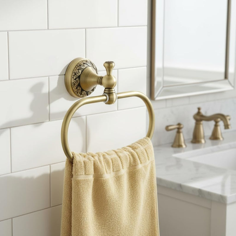 Flybath Oval Towel Ring Antique Brass Exquisite Pattern Carving Hanger Hand Towel Holder for Bathroom Kitchen Accessories Wall Mounted, Brushed Bronze Brushed Bronze (Antique Brass)