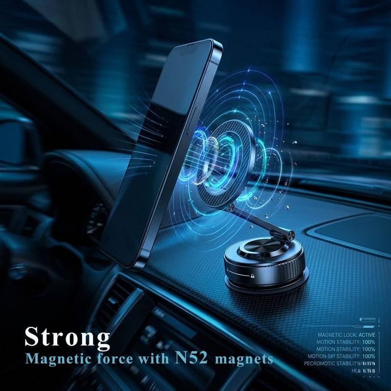 Magnetic Phone Holder for Car,Vacuum Suction Cup Phone Holder,Heavy-Duty Metal Arm&Head, Magsafe Car Mount for iPhone, 360° Adjustable Dashboard Mount,Folding Holder for iPhone and Android
