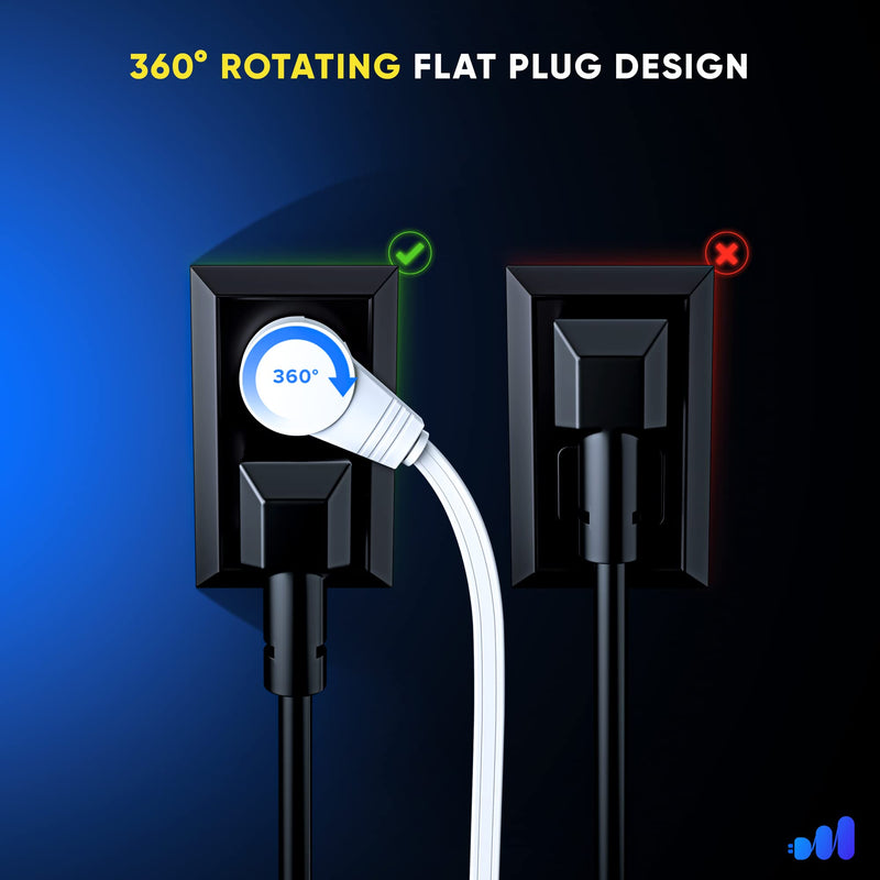 Maximm 360 Rotating Flat Plug Extension Cord 30 feet with Slim Space-Saving Plug Design, Low Profile (White) White