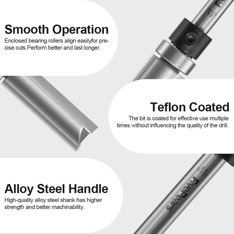 FivePears 4 PCS Pattern Flush Trim Router Bit Set 1/4 Inch Shank, Top Bearing Flush Cut Trim Router Bit for Woodworking, Cutting Diameter: 1/2", Cutting Length: 1/2", 3/4", 1", 1-1/2" Shank Size: 1/4" Cutting Diameter: 1/2" 4pcs
