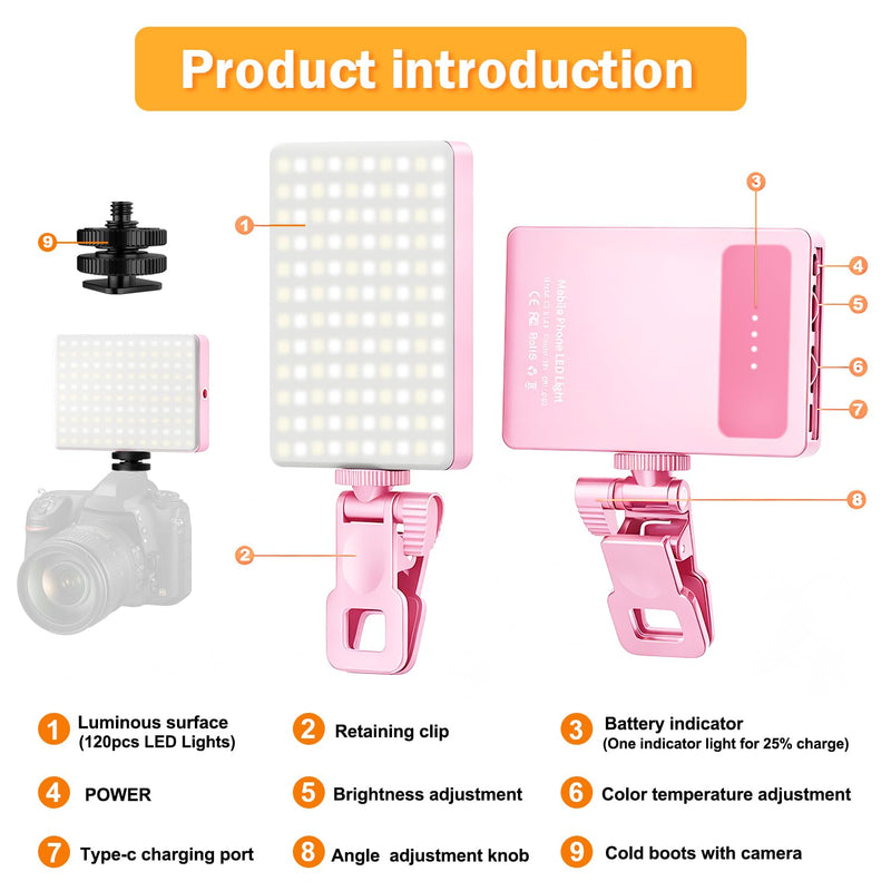 120 LED Selfie Light for iPhone, Portable Phone Light with Clip & Camera Tripod Adapter - 5000mAh Rechargeable, 3 Lighting Modes, CRI 97+ for Video Recording, TikTok, Tripod Mount Rings Pink