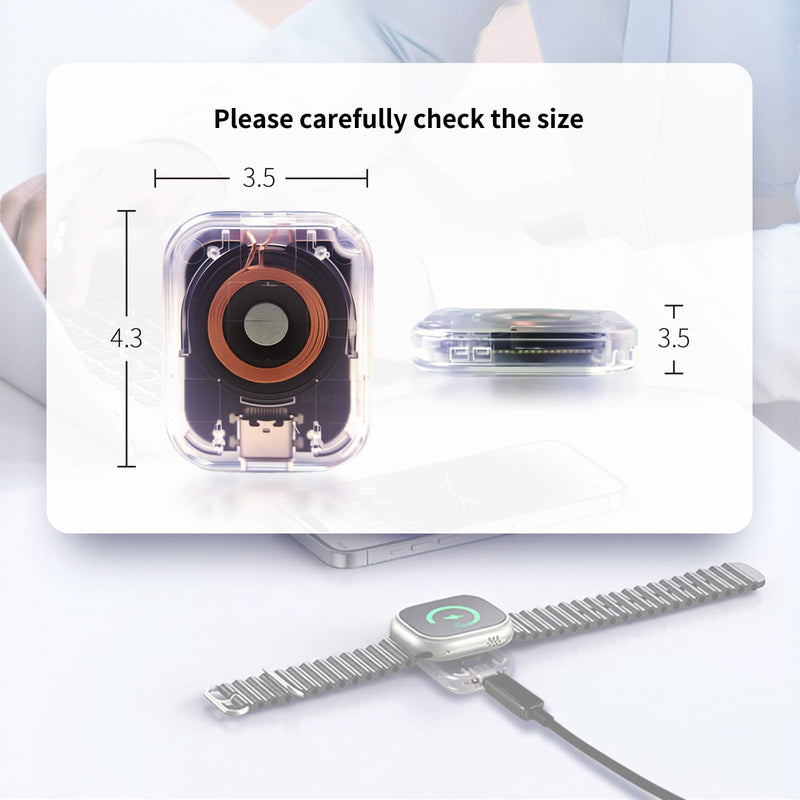 5W Magnetic Wireless Charger for Apple Watch S1-S11, SE 1-3, Ultra 1-3, Portable Fast Charging Adapter with USB-C Port, Transparent (Excluding Charging Cable)