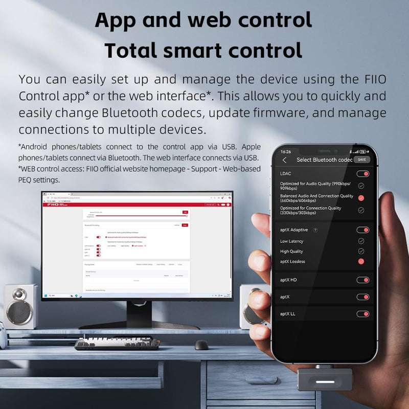 FiiO Air Link USB-C Bluetooth Transmitter with Qualcomm QCC5181 Chip, LDAC & aptX Lossless Audio, Bluetooth 6.0 Hi-Res Wireless Adapter with Multi-Function Button, APP & Web Control Black