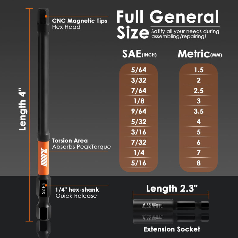 Impact 4" Long Allen Wrench Drill Bit Set Hex Bit Set 20pcs (Metric&SAE), 1/4" Hex-Shank S2 Steel, CNC Machined Tips with Extension Socket and Storage Box 4" 20pcs Hex Bit Set