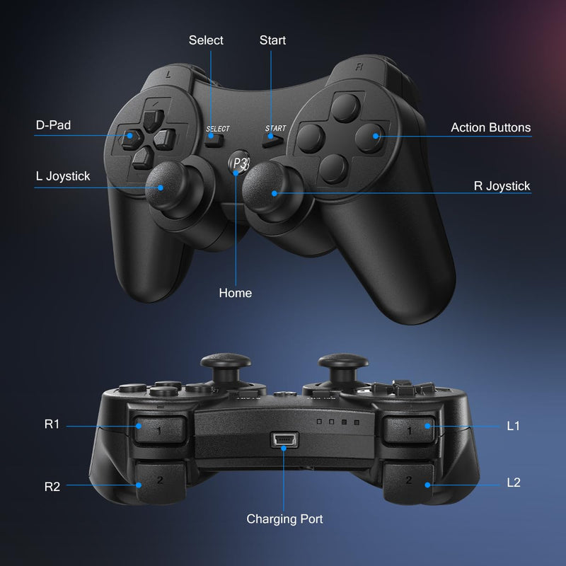 Yinjie 2 Pack Wireless Controller for PS3, Compatible with Playstation 3 | with 2 Charging Cables (black) black