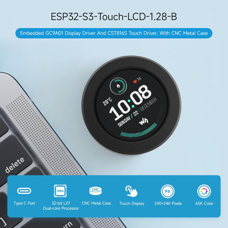 Waveshare ESP32-S3 Development Board, with 1.28inch Round Touch LCD, Compact Size, Accelerometer and Gyroscope Sensor, Embedded GC9A01 Display Driver and CST816S Touch Driver, with CNC Metal Case