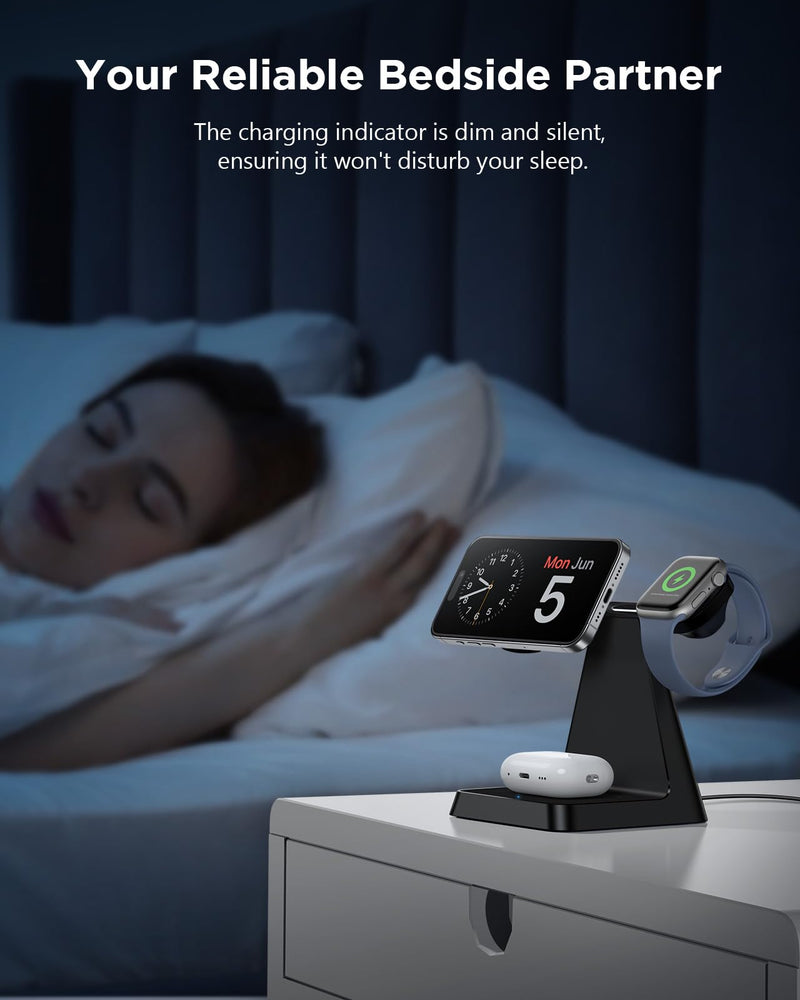 Charging Station for Multiple Devices Apple: Woruda 3 in 1 Magnetic Wireless Charger Stand for Mag Safe iPhone - Nightstand Charging Dock for iPhone 15 14 13 12 Pro Max Plus Apple Watch Airpods Black