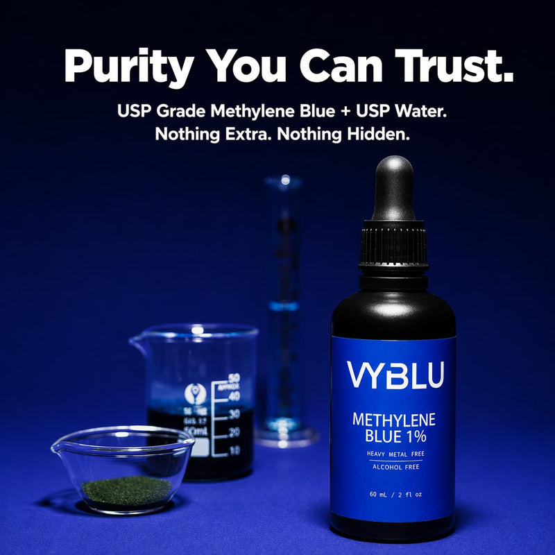 Pharmaceutical Grade Methylene Blue 1% Solution – Heavy Metal, Formaldehyde, & Alcohol Free, Ultra-Pure Distilled Water Base, 99.99% Pure, Research Use Only, 60 mL (2 fl oz)