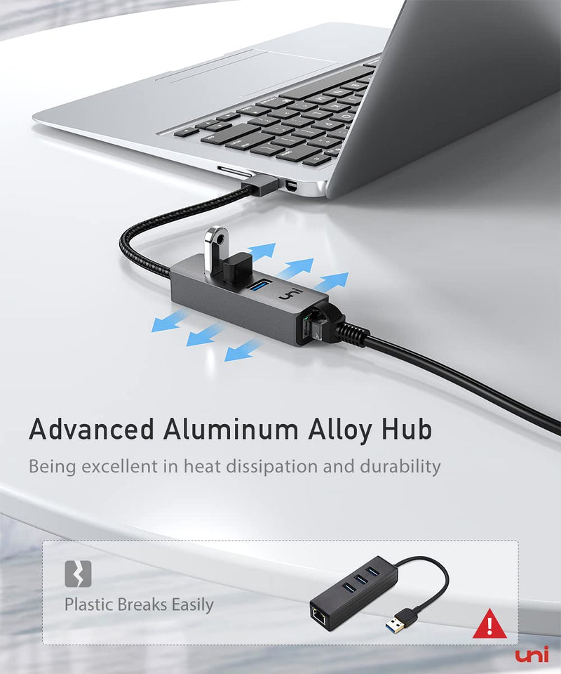 uni USB to Ethernet Adapter, USB 3.0 Hub with 100/1000 Mbps RJ45 Ethernet Driver Free, Sturdy Aluminum 4-in-1 USB-A to LAN Network Adapter Compatible with iMac, PC, Chromebook Laptops, and More Grey