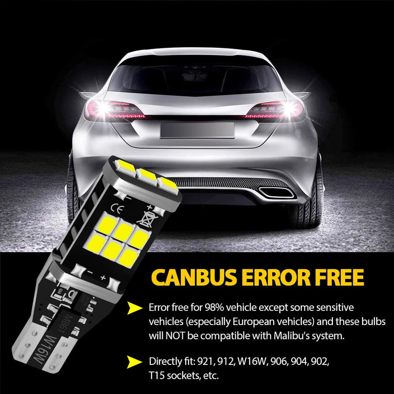 AUXLIGHT 921 912 906 904 T15 W16W 921A Error Free Back Up Reverse 3rd Brake Center High Mount Stop Light Bulbs, Super Bright High Power 6000K Xenon White replacement for Cars, Trucks, RVs (Pack of 2)