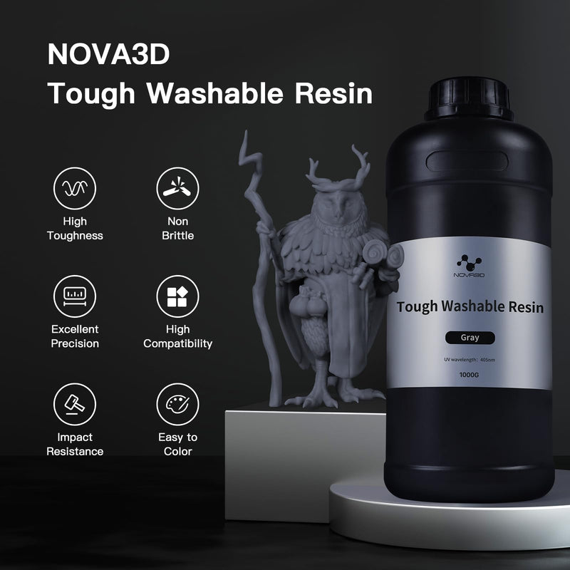 NOVA3D Water Washable ABS-Like Tough Resin, High Toughness 3D Printing Photopolymer Resin, 405nm UV Fast Cure for 12K/14K/LCD/DLP/SLA Printers, Low Odor (Grey, 1kg) Grey1kg 1000g