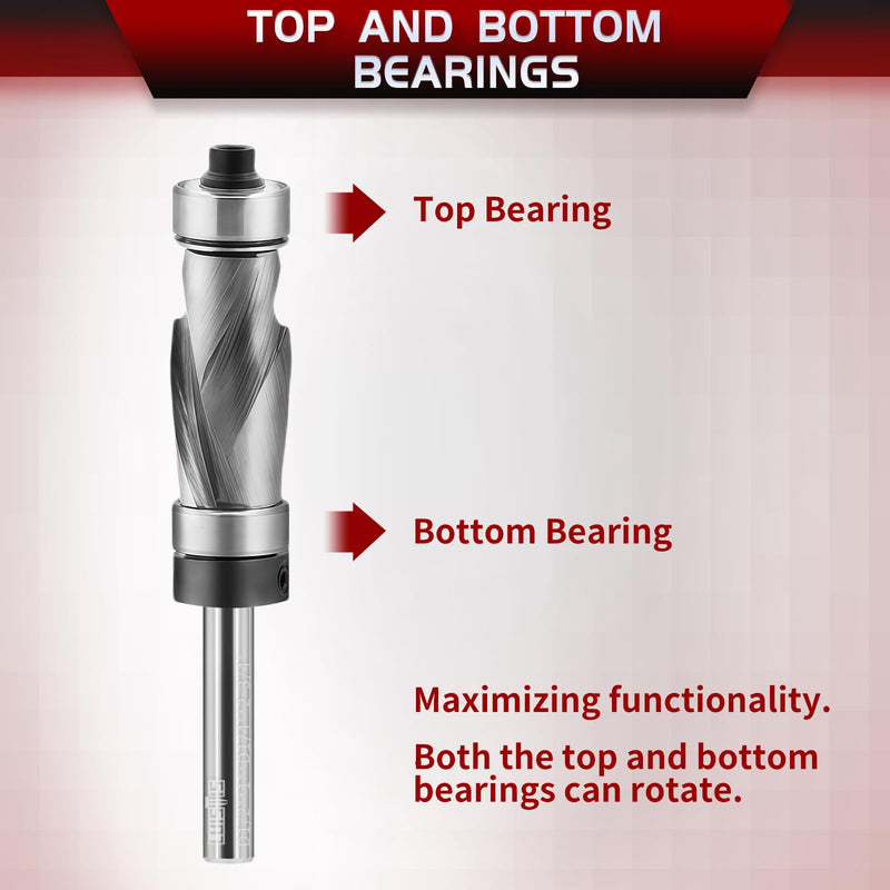 1/2 Inch Compression Flush Trim Router Bit, 1/4 Shank Top and Bottom Bearings Carbide Blade for Woodworking Trimming, Flush Cut Router Bit for Template and Pattern Work 1/2 inch router bit