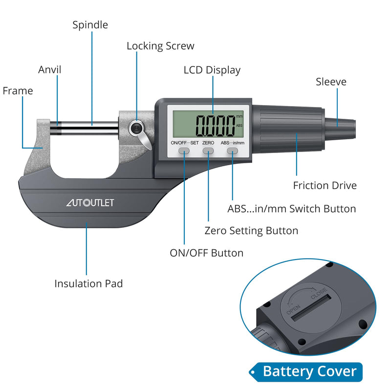 AUTOUTLET Digital Electronic Micrometer 0-25mm Outside Micrometer Precision Measurement Tool with LCD Display & Carry Case for Accurate Measurement Grey