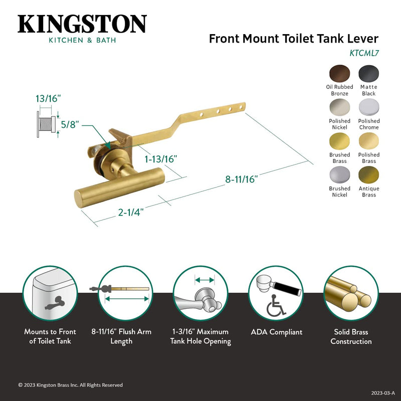 Kingston Brass KTCML7 Manhattan Front Mount Toilet Tank Lever, Left/Right Installation in Brushed Brass 10.94 x 4.25 x 1.38