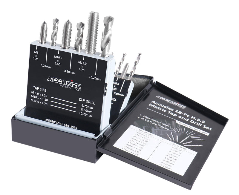 Accusize Industrial Tools HSS Tap and Drill Set, Metric, 18 Pc, 0001-0052 | 18 Pc HSS Tap and Drill Set, Metric, Taps: M2.5x0.45 to M12x1.75, Drills: 2.05 to 10.20 mm, Fully Ground