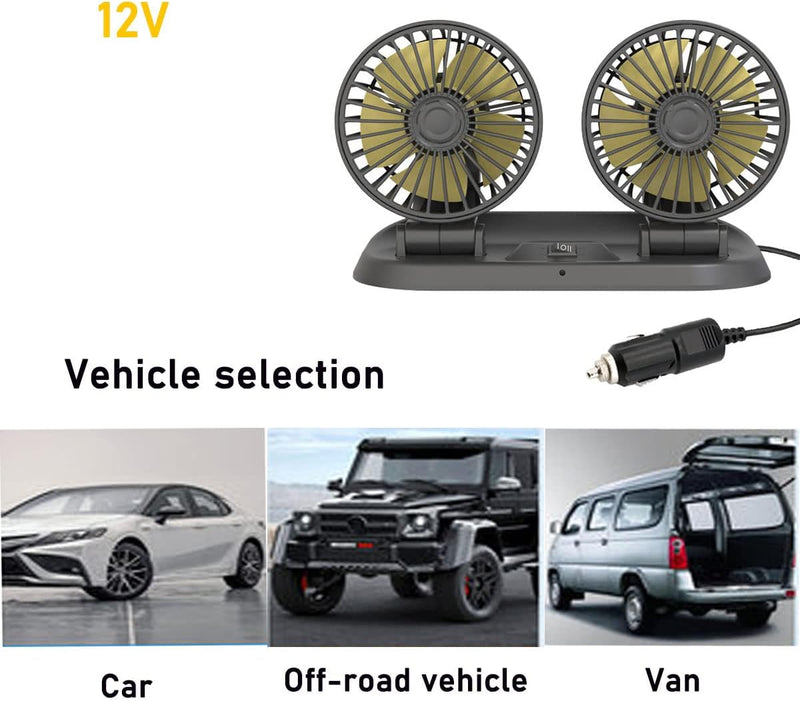BESWORLDS Car Fan, 12V Portable Cooling Fan Dual Head 360 Degree Rotatable Telescopic 2 Speed Quiet Strong Dashboard Cooling Air Circulator Fan for Sedan SUV RV Boat Auto Vehicles Golf Carts black 8in
