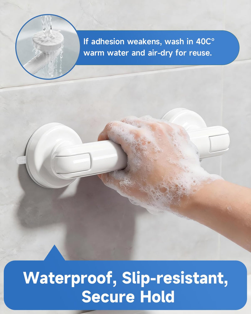 Suction Shower Handle, 2 Pack Grab Bars for Shower and Bathroom, Removable Safety Grip No Drilling & Waterproof, Heavy Duty Suction Cup Bath Handrails Grab Bars for Bathtubs, 11 inch - White