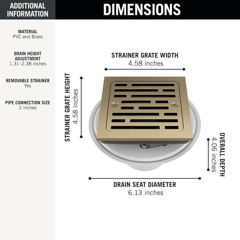 4 Inch Tile-in Champagne Bronze Shower Drain Fit for 2" PVC Pipe (Dia. 2-3/8 in) Removable SUS304 Stainless Steel Strainer Cover with Copper Layer, Champagne Gold DT062412-CZ 2-Year Replacement