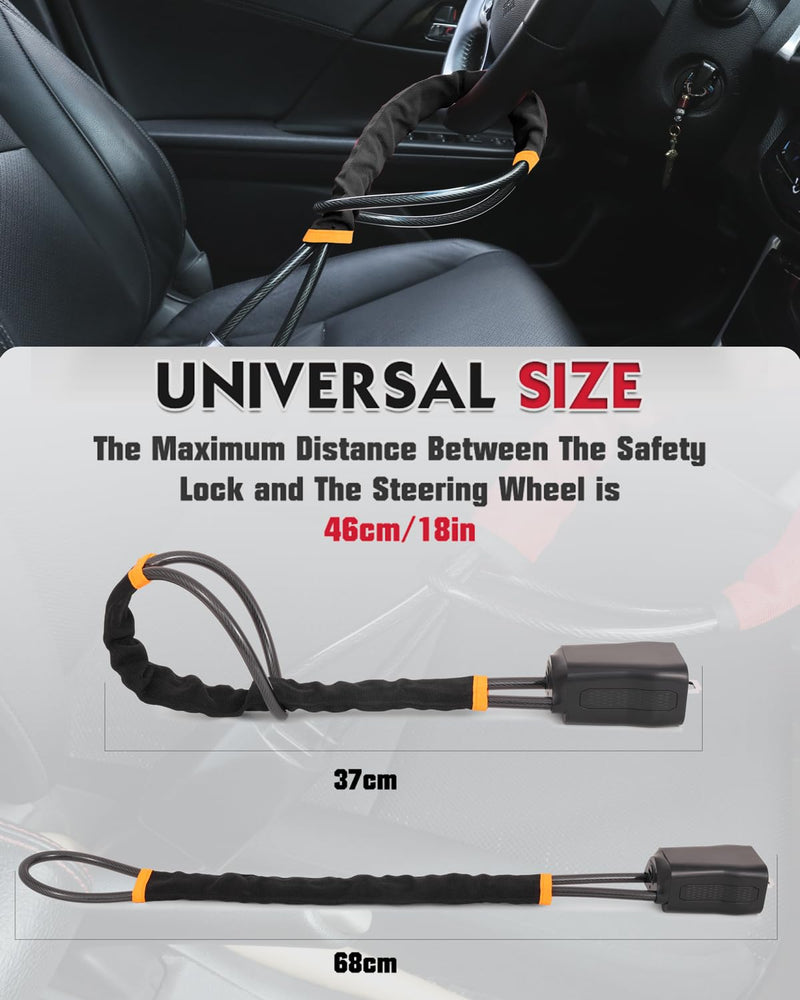 Steering Wheel Lock Anti-Theft Device, Adjustable Car Security Lock with Seat Belt Design, 10 mm Braided Steel Cable, Universal Fit for Cars, SUVs, Trucks, Vans Black