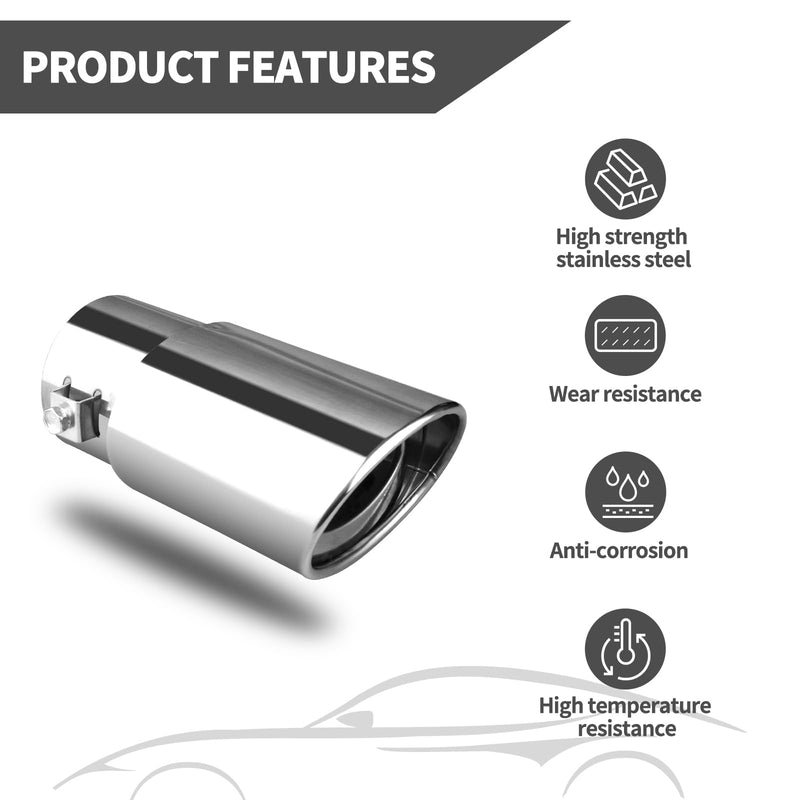 Universal Chrome Exhaust Tip, 1.5"–2.1" Inlet, Stainless Steel, Adjustable Car Muffler Decorative Tip, Fits Pipes with 1.5–2.1" Diameter, 2.24" Outlet, 5.76" Long, Straight Pipe Kit Straight-Silver