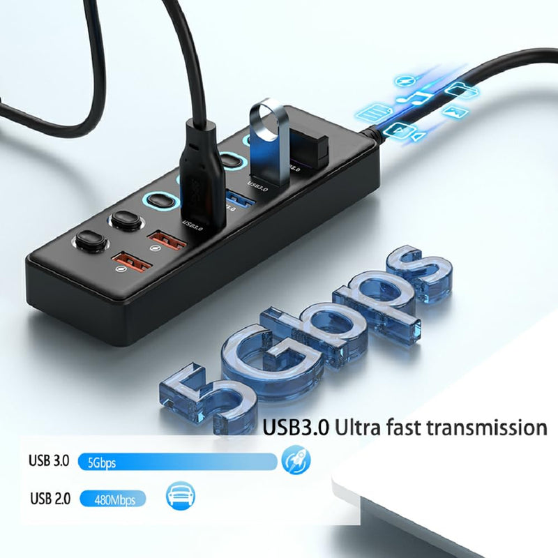 Powered USB 3.0 Hub, 6 Ports Hub Splitter with Power Adapter, 4 Data Ports + 2 QC 3.0 Fast Charging Ports, Individual LED Switches, Black
