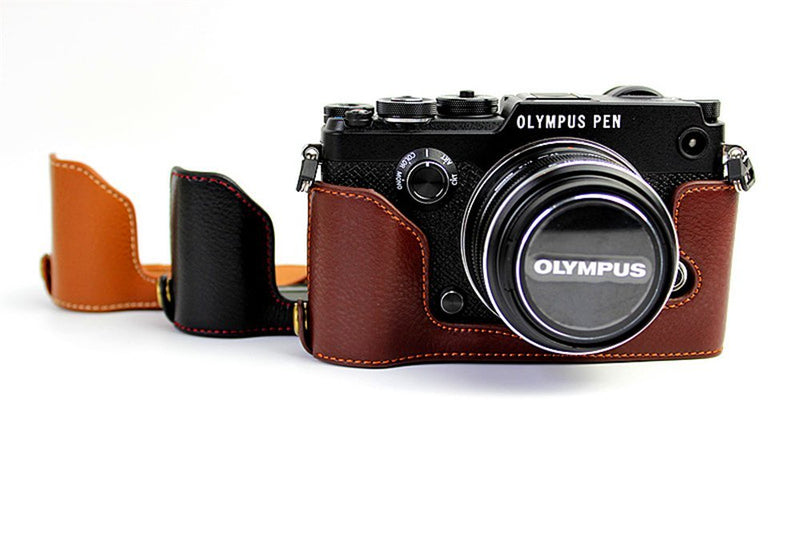 PEN-F Case, BolinUS Handmade Genuine Real Leather Half Camera Case Bag Cover for Olympus PEN-F Bottom Opening Version + Hand Strap - Coffee Natural