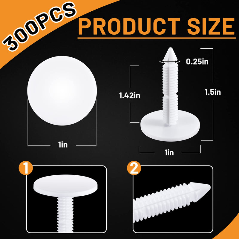 Taiyin 1 3/8 '' Christmas Tree Vapor Barrier Fasteners for Crawlspace Poly Liners Encapsulations Covers White Push Plastic Foam Board Fasteners(300 Pcs) 300