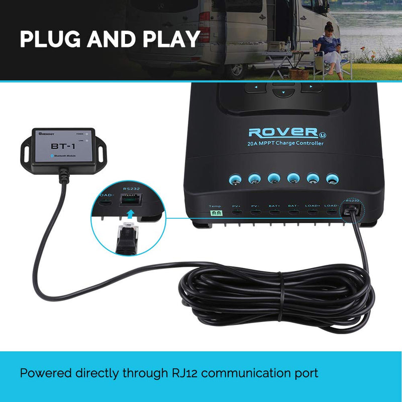 Renogy Bluetooth Module RJ12 Communication Port Compatible Rover/Wanderer/Adventurer Charge Controllers, BT-1 RS232,Black Bluetooth Module RS232