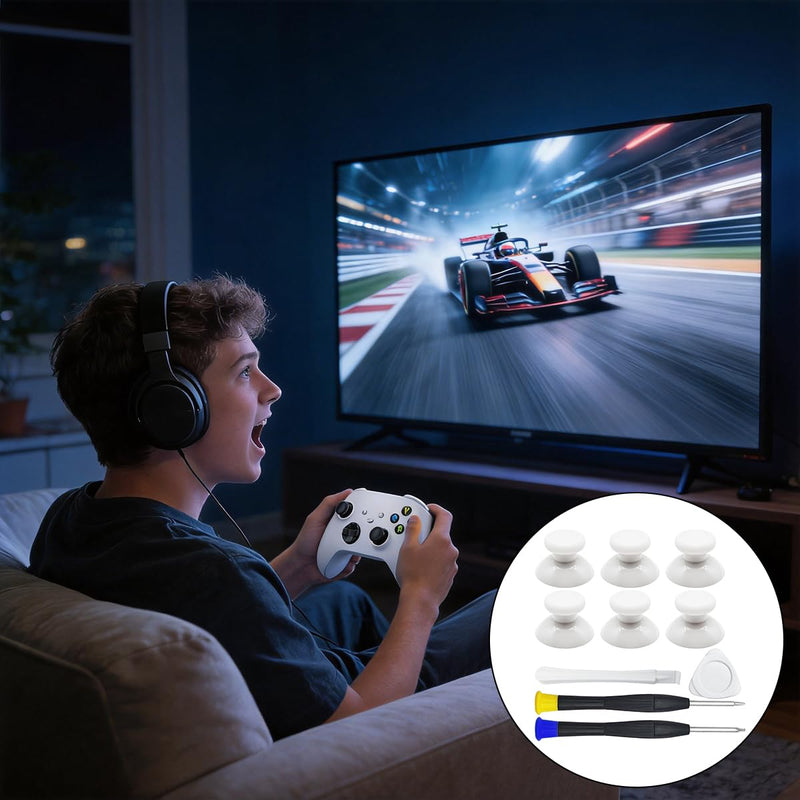 White Controller Joystick Replacement Kit, lyfLux 10 Pcs Accessories with 6 Rubberized Thumbsticks, T6 T8 Screwdrivers, and Pry Tools - Compatible with Xbox One/S/X Controller Joysticks Repair White