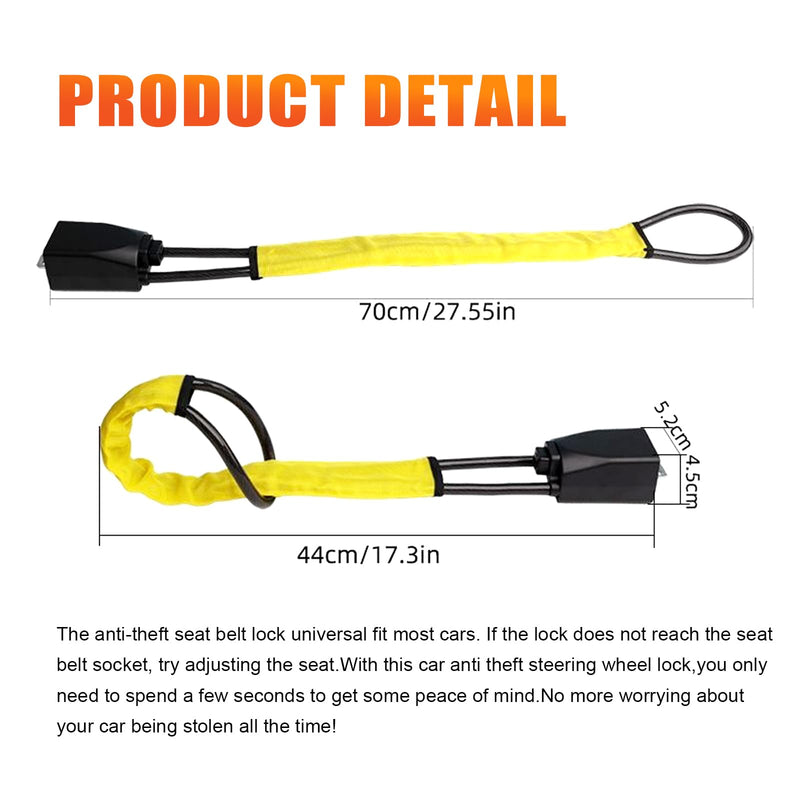 DualGuard Car Steering Wheel & Seat Belt Lock - 17" Universal Anti-Theft Device for Vehicles, SUVs, Golf Carts | Compact & Lightweight Security Lock with Multi-Function Keys (Yellow) Yellow