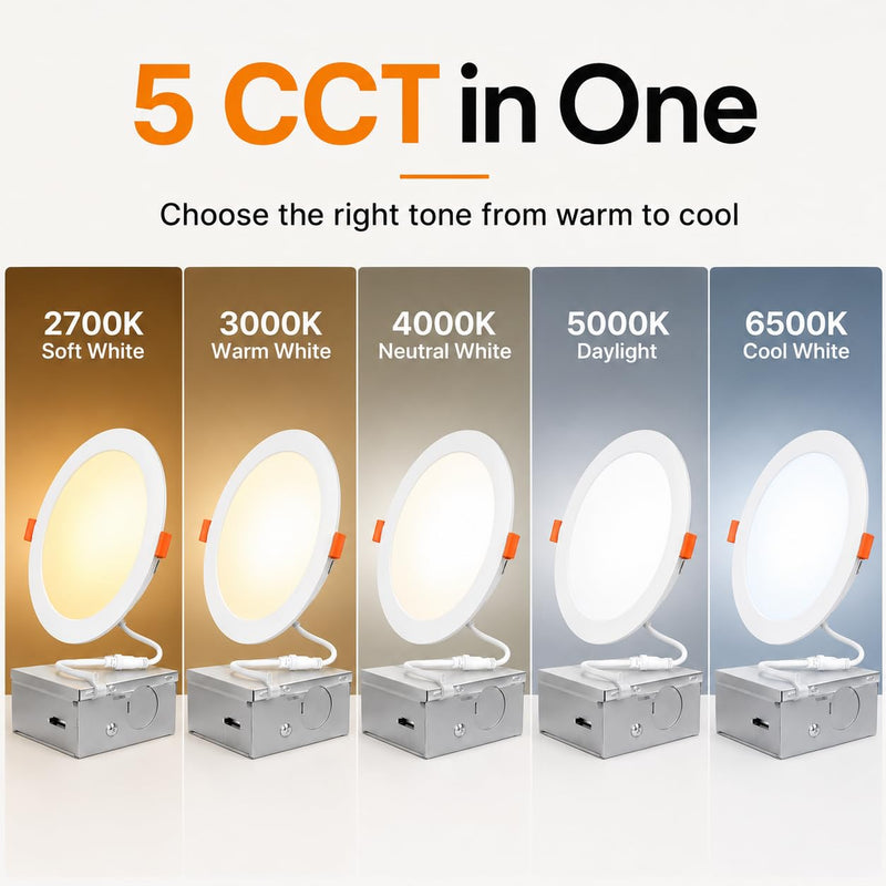 ORALUCE LED Recessed Lighting 6 Inch with Junction Box, 2 Pack | Ultra-Thin,5CCT 2700K/3000K/4000K/5000K/6500K,CRI90+,12W 100W Eqv 1050LM Canless Downlight for Kitchen Living Room