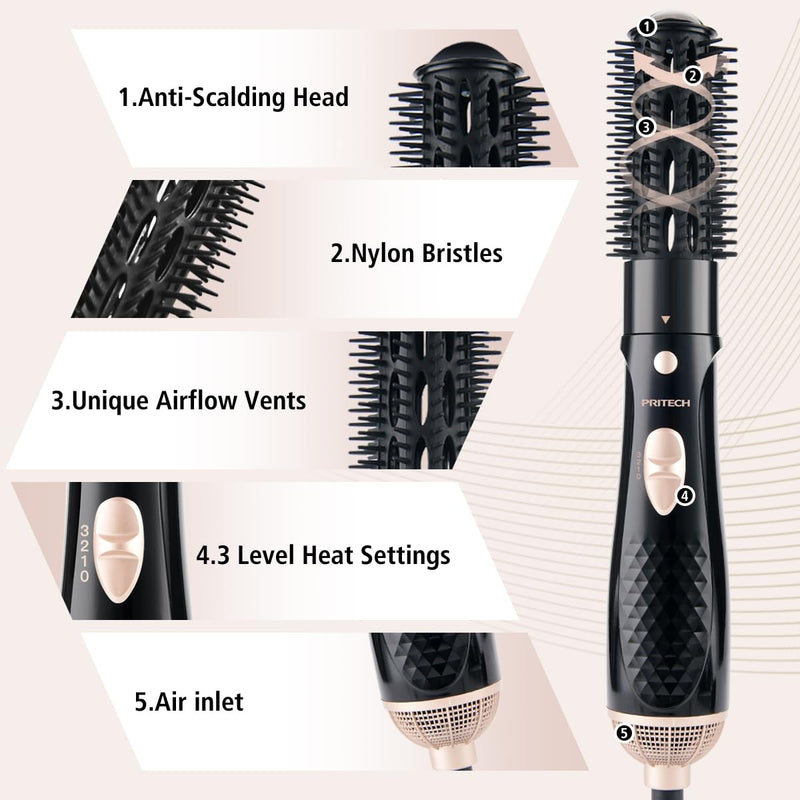 Hair Dryer Brush, Lightweight Hot Air Brush with 2 Heat Speed, 1 Cold Wind | Hot Brush for Hair Styling,Hot Comb Hair Styling Appliances,Volumiser and Curler, Ionic Frizz-Control, 4 Attachments, Black