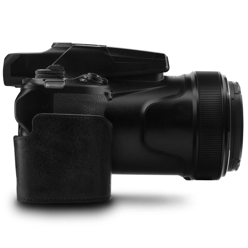 MegaGear Leather Camera Half Case & Strap Compatible with Nikon COOLPIX P1000, Ever Ready - Black