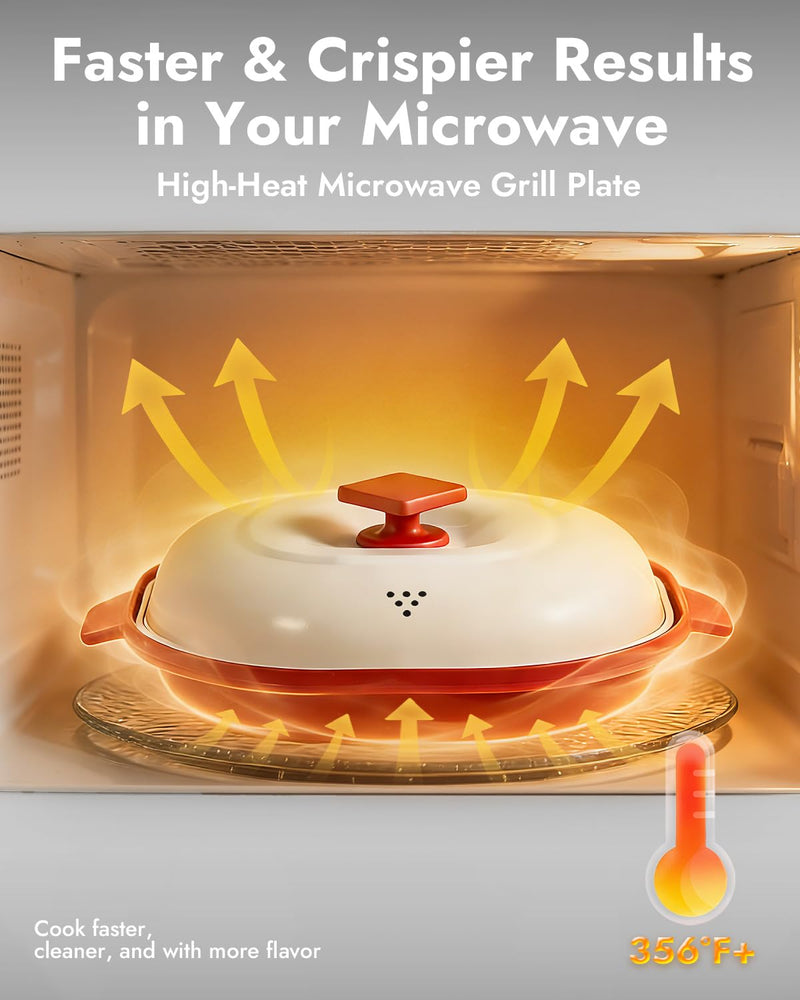Microwave Grill Pan - Get Real Grill Marks in 5 Minutes, Multi-Cooker (Bake/Fry/Steam) for Steak, Bacon & Veggies. Nonstick, Dishwasher Safe for RV/Dorm/Office Use, Includes Brush