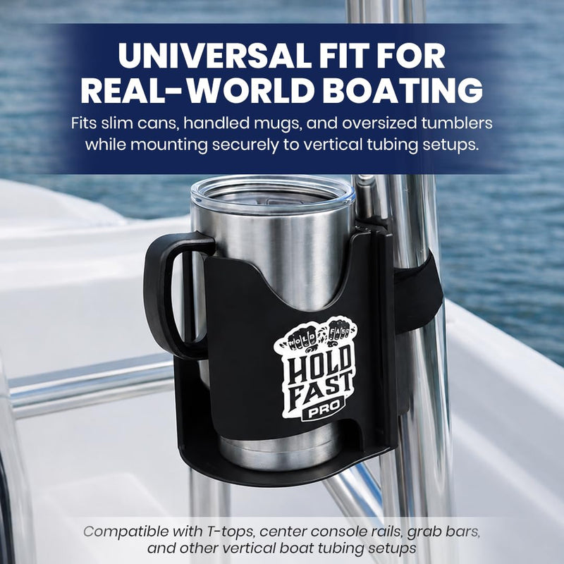 HoldFastPro Boat Cup Holder, Adjustable Universal Boat Cup Caddy for Rails & Grab Bars, Marine Drink Holder for Center Console, & T-Top Mounting, Black