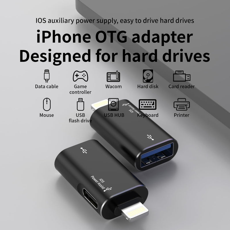 Lightning to USB Female Adapter, Apple MFi Certified iPhone USB 3.0 OTG Adapter with USB-C Aux Power Port for iPhone 14/13/12/11/iPad, Supports Hard Disk, Card Reader, Camera, USB, Mouse, Keyboard, Hu