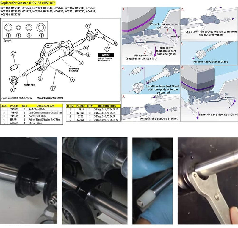 HC5345 Seal Kit Fit for Seastar Front Mount Hydraulic Steering Cylinder Seal Kit #HS5157 & Steering Support Bracket Puller for SeaStar HC5345, HC5348, HC5358 & More