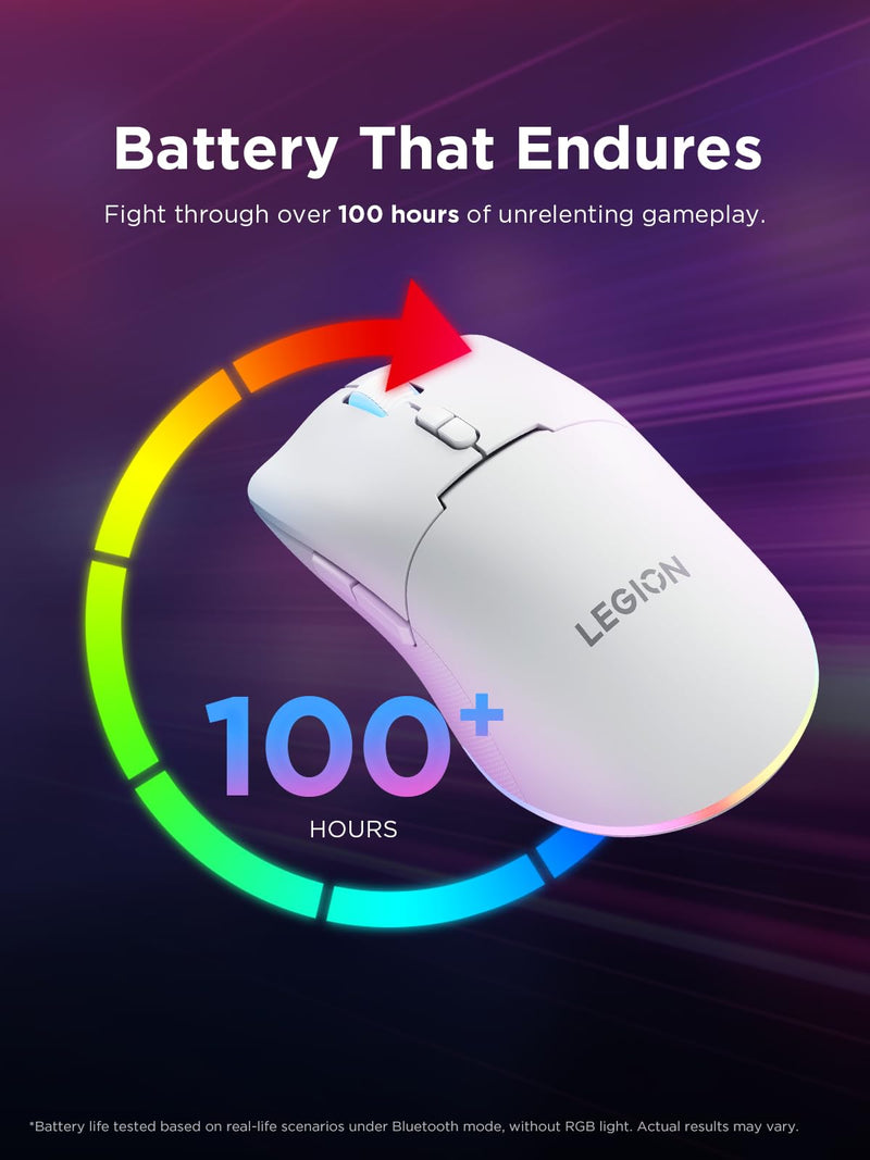 Lenovo Legion M220 Wireless RGB Gaming Mouse, Tri-Mode (Bluetooth, 2.4GHz & Wired), 5000 DPI Optical Sensor, 2-Zone RGB Lighting, 100Hr Battery, 7 Buttons, USB-C Rechargeable, Glacier White