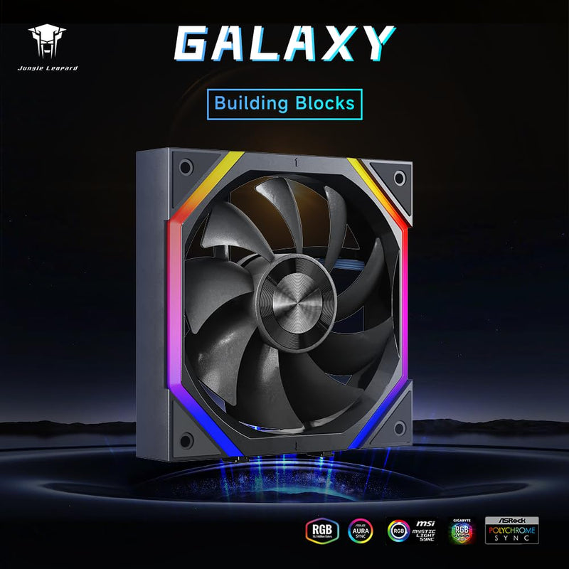 Jungle Leopard Galaxy 120mm PC Reverse Blade Case Fans, ARGB and PWM Cooling Fan PC, Axle Core Double Ring CD Pattern Module Computer Fans, Daisy-Chain 5V RGB Fan (Black 3 Pack) Black Reverse