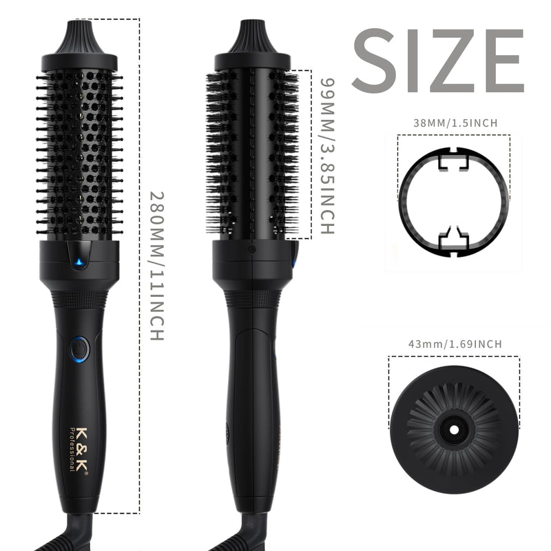 K&K Thermal Brush, Blowout Boost Ionic Round Heated Hot Brush, to Make Hair Smoother & Shinier, Easy to Use, Not for Blow Drying, 38mm Barrel,Dual Voltage, UK Plug, Jet Black