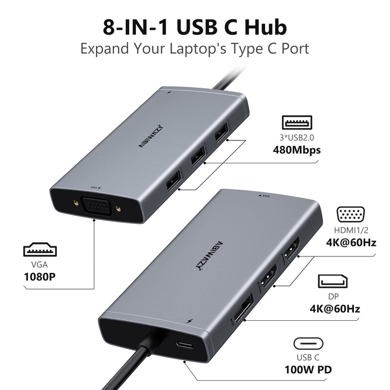 USB C Docking Station Dual Monitor Computer Multiple Monitor Hub Adapter | Laptop Docking Station to Dual 4K HDMI,DisplayPort,VGA, 00W PD,3 USB for HP Dell Lenovo Thinkpad Surface Windows Laptops Grey 8-IN-1