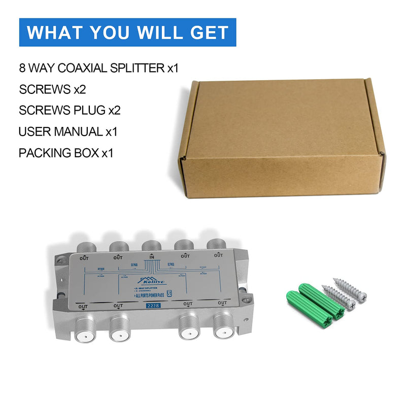 8 Way Coaxial Cable Splitter 5-2500MHz,Work with Satellite TV CATV Antenna System and MoCA Configurations (Sliver-8 Way) 8 way