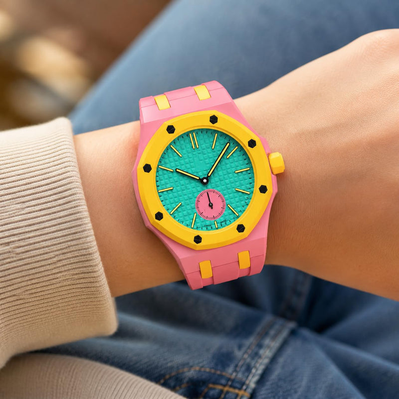 Rugged Case Band Compatible with AP x Swatch Royal Pop Watch Band, 10.6inches, Quick Release Bands Sport Replacement Strap, Sports Silicone Strap with Shockproof Frame Bumper Case for Men Women Strap pink&yellow-3-o'clock